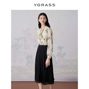 VGRASS米色水墨画100桑蚕丝衬衫夏季法式通勤上衣VSX3O21130