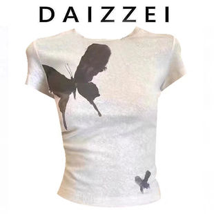 DAIZZEI~白色蝴蝶结印花短袖T恤女夏季辣妹短款修身显瘦别致上衣