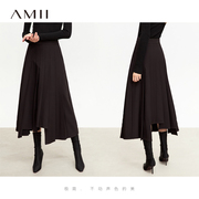 Amii2023冬立体压褶不规则摆保温纱磨毛半身裙女黑色百褶裙子