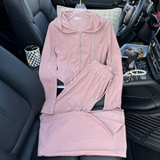 减龄运动休闲套装女2023春秋网红炸街时尚，韩系粉色针织两件套
