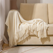 美式流苏毛线毯子 纯色沙发毯针织毯办公室民宿酒店样板房