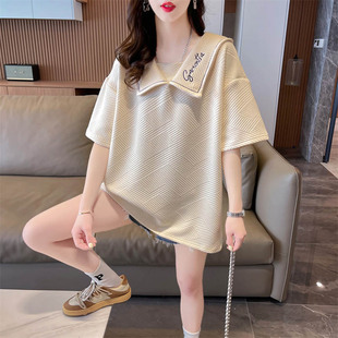 短袖t恤女夏装娃娃领韩版宽松大码中长款华夫格，洋气设计感上衣服