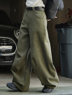 军绿色工装裤设计感休闲阔腿长裤，女春季日系街头宽松直筒裤子
