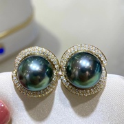 11-12mm 大溪地孔雀绿耳环，高品质无瑕基本正圆 18K金钻石镶嵌