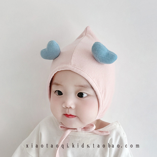 婴儿帽子春秋薄款宝宝护囟门包头帽(包头帽，)新生儿可爱超萌0-3-6个月爱心