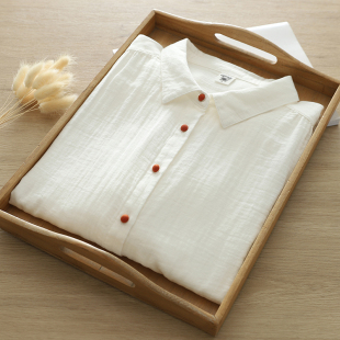 纯棉双层棉纱白色衬衫，日系春秋长袖纯色，打底减龄叠穿衬衣女
