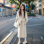 韩版小众设计感时尚秋冬套装女简约通勤连帽卫衣长裙两件套潮