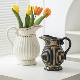 复古欧式浮雕奶壶造型，陶瓷花瓶摆件，奶白哑黑金可水培