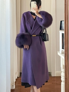 真狐狸毛袖口(毛袖口)紫色双面，羊绒大衣冬女名媛，贵气中长款羊毛呢外套