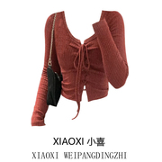 微胖mm韩版高级感红色系带针织衫早秋设计感小众别致打底长袖上衣