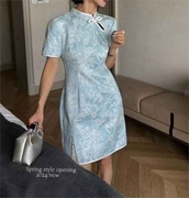 蓝色减龄改良旗袍24夏装，新中式年轻少女蕾丝，拼接复古泡泡袖连衣裙