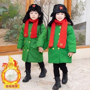 儿童军大衣加棉加厚男童东北军绿色棉衣，小孩老款加绒冬季宝宝外套