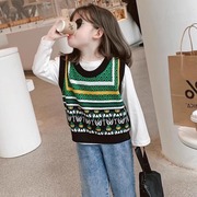 女童绿色毛衣背心2024春装童装，韩版宝宝儿童针织复古马甲上衣