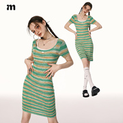 imone绿色条纹甜美短袖，连衣裙女夏季高腰显瘦中长款裙子