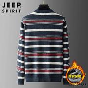 jeep吉普男士圆领毛衣秋冬季针织衫，潮条纹套头，加绒加厚打底线衣男