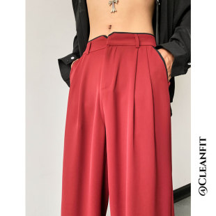 Cleanfit红色阔腿西装裤拼接高级感小众设计感垂感休闲长裤直筒裤