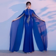 蓝色走秀旗袍礼服裙女鱼尾高端水袖古筝表演服装，中国风舞台演出服