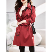 风衣外套女春秋2023中长款红色修身显瘦气质，双排扣高级感大衣
