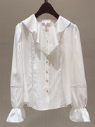 chao级!春季流行时尚白色，百搭洋气长袖，上衣女宽松圆领衬衫