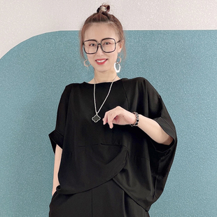 2024夏时尚潮减龄个性韩版女士圆领半袖t恤不规则蝙蝠袖大码宽松
