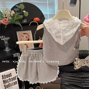 夏小女孩儿童蕾丝花边连带帽子无袖T恤卫衣背心短裤休闲运动套装