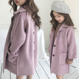 韩国女童秋冬装儿童中长款双面，呢洋气大衣女孩中大童，宽松毛呢外套