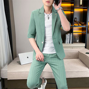 夏季短袖西服套装男士韩版修身薄款七分袖小西装外套潮流中袖一套