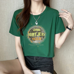 欧货纯棉绿色短袖t恤女2024年夏季韩版宽松休闲印花半袖体恤
