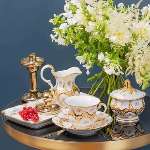 德国MEISSEN梅森同款瓷器欧式轻奢骨瓷咖啡杯碟淦金手工绘红茶杯