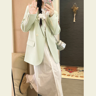 西装外套女春秋季韩版高级感宽松休闲茶，绿色小个子西服上衣