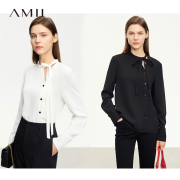 amii中式雪纺衫女长袖气质上衣，设计感立领，绑带斜门襟宽松遮肚衬衫