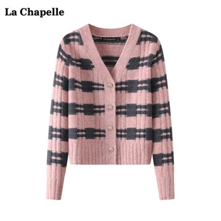 拉夏贝尔lachapelle撞色条纹针织开衫女春季显瘦毛衣外套上衣
