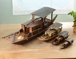 江南水乡帆船模型木船渔船乌篷船模，中式工艺船摆件实木大船装饰品