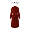 酒红色双面羊绒大衣女中长款外套修身气质复古风双排扣立领