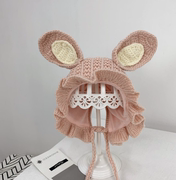 韩国婴儿手工针织帽子秋冬款兔耳朵，花边宝宝加厚加绒保暖毛线帽潮