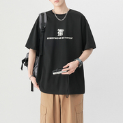 夏季男生T恤黑色潮牌纯色短袖上衣五分半袖衫大码字母圆领青少年
