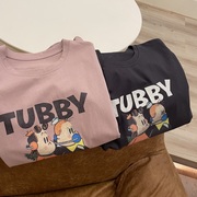 tubby/夏季韩版简约大气做旧矮胖卡通印花圆领短袖t恤女打底衫