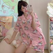 可爱HELLOKitty纯棉夏季薄款粉色睡衣少女休闲开衫家居服套装