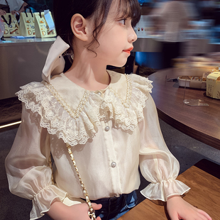 女童衬衫秋装2023洋气儿童蕾丝娃娃领长袖衬衣女孩韩版打底衫