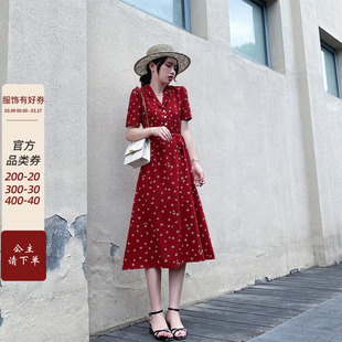 红色西装领碎花波点连衣裙，女夏季2024法式高级感气质洋气裙子