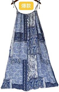 18669南通印花蓝布植物晕染棉麻，连衣裙宽松民族，风系带吊带长裙女