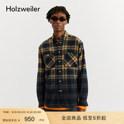 经典版型Holzweiler男士渐变潮流棉质复古休闲方领格子衬衫