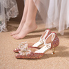 红色水晶高跟鞋主婚纱，秀禾服婚鞋女2024年法式细跟孕妇新娘鞋