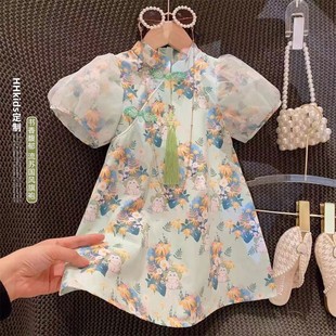 女童短袖高端中国风旗袍裙，2024年夏季女宝宝洋气唐装连衣裙子