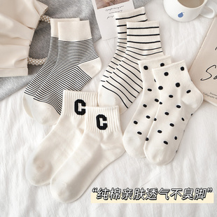 袜子女夏季纯棉条纹ins运动字母，中筒袜黑白色，春秋低帮女士短筒袜