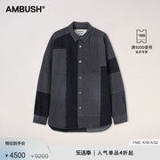 AMBUSH男士黑色LOGO刺绣拼接补丁牛仔长袖衬衫外套