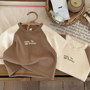 100%纯棉男童短袖t恤宝宝夏装，字母印花婴，儿童装拼接插肩袖上衣服