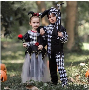 儿童万圣节服装女童小丑格子裙化装舞会男童狂欢派对演出服