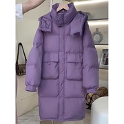 紫色羽绒棉服女中长款过膝2024冬季今年流行加厚外套棉衣棉袄