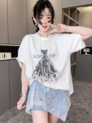 RR fashion 短袖连衣裙女2024夏季重工图案印花蕾丝拼接T恤裙